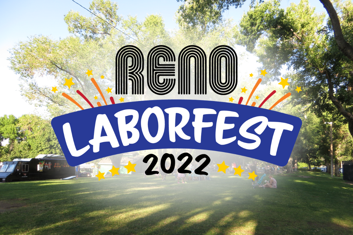 Idlewild Park in the summer with the Reno LaborFest logo on top