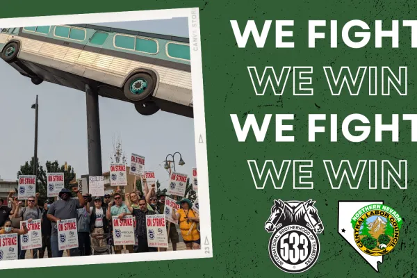 A photo of striking Teamsters at the Fourth Street Bus Station along with the words "WE FIGHT WE WIN."