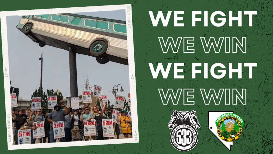 A photo of striking Teamsters at the Fourth Street Bus Station along with the words "WE FIGHT WE WIN."