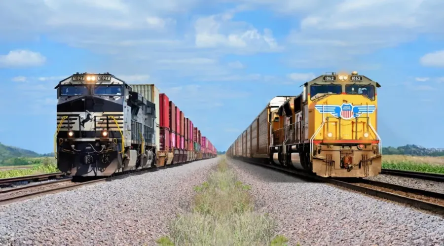 A Norfolk Southern train next to a Union Pacific train.